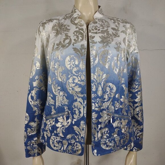 Chico's ombre blue white silver damask open front denim jacket ladies size 1 - Picture 1 of 7